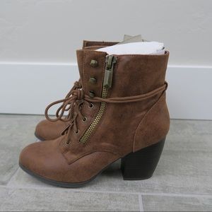 Cognac lace up chunky heel booties